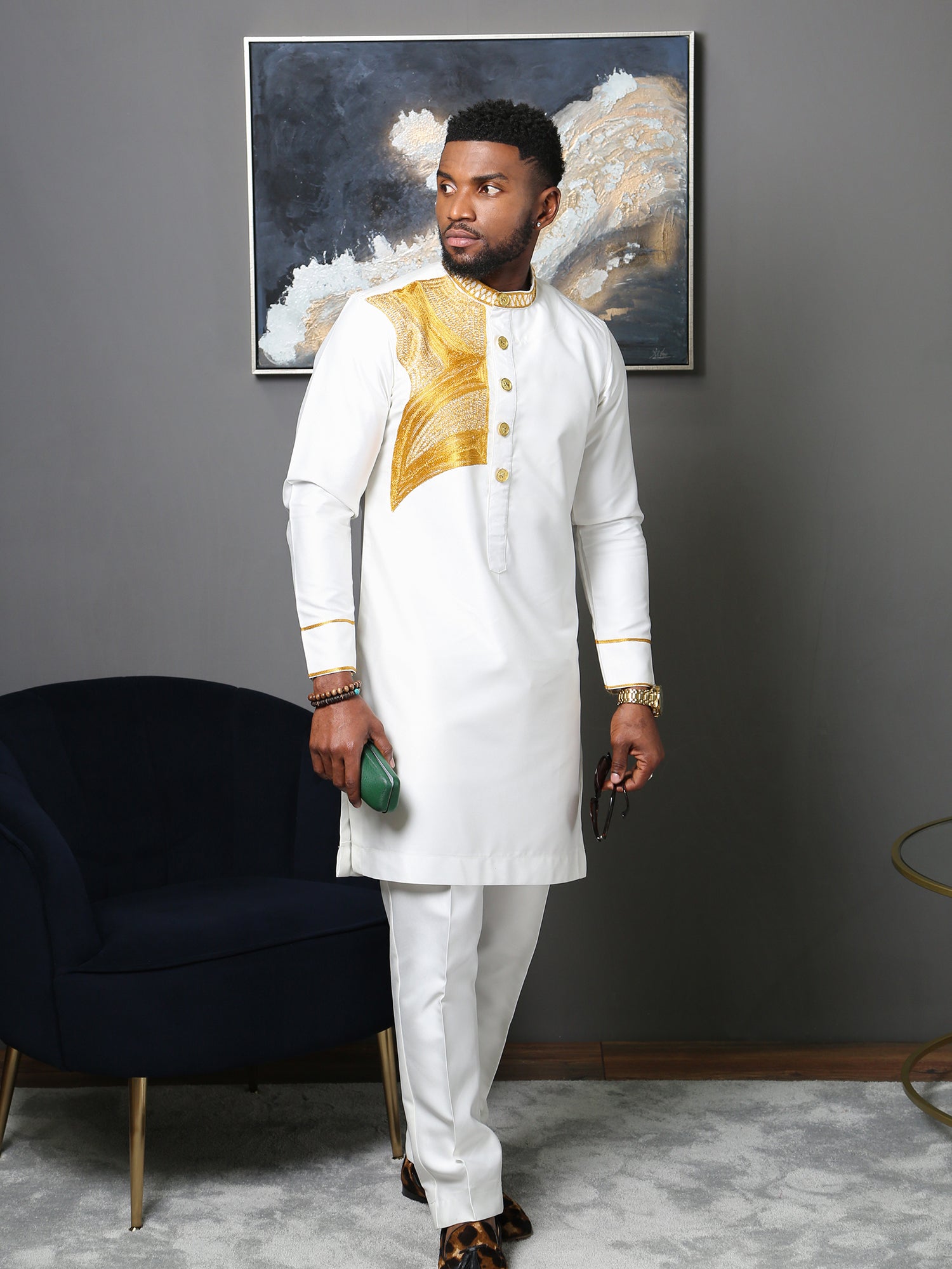 White Embroidered Men's Two-Piece Outfit | Traditional African Men's Wear
