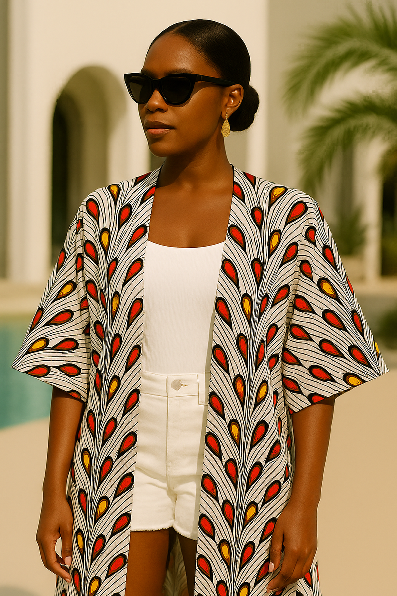 Woman wearing a laviye african print kimono with sunglasses and earrings outdoors.