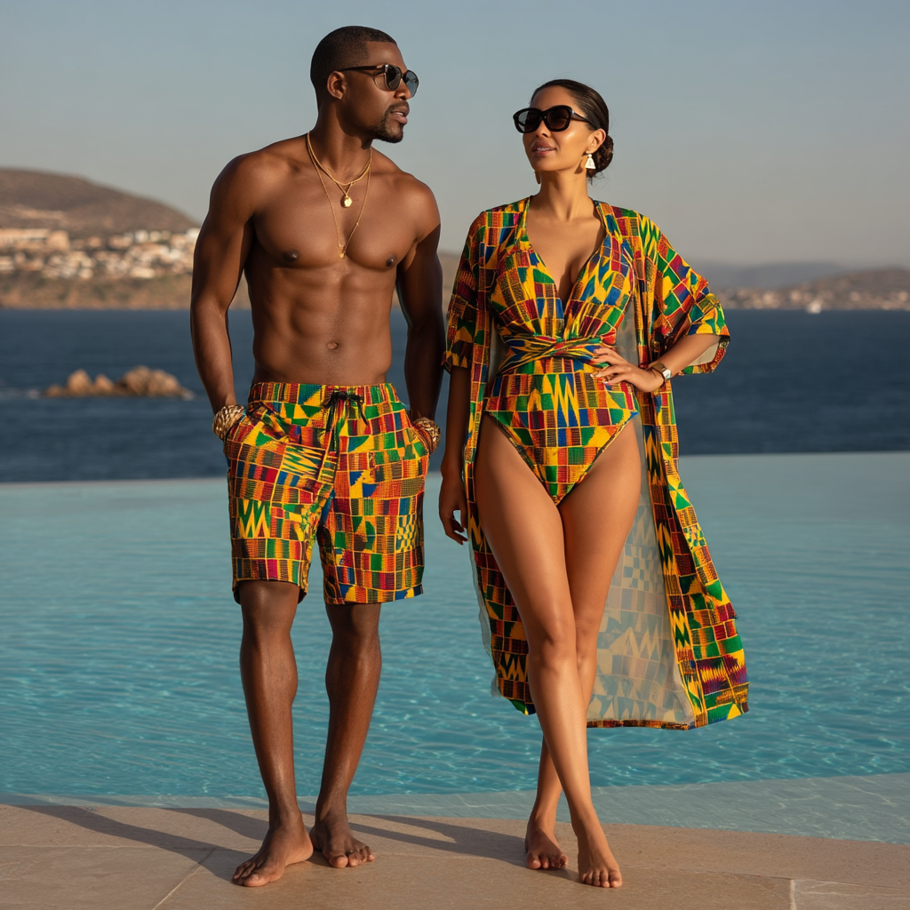 Man and woman in Kente African print swimwear standing by a pool with a scenic background