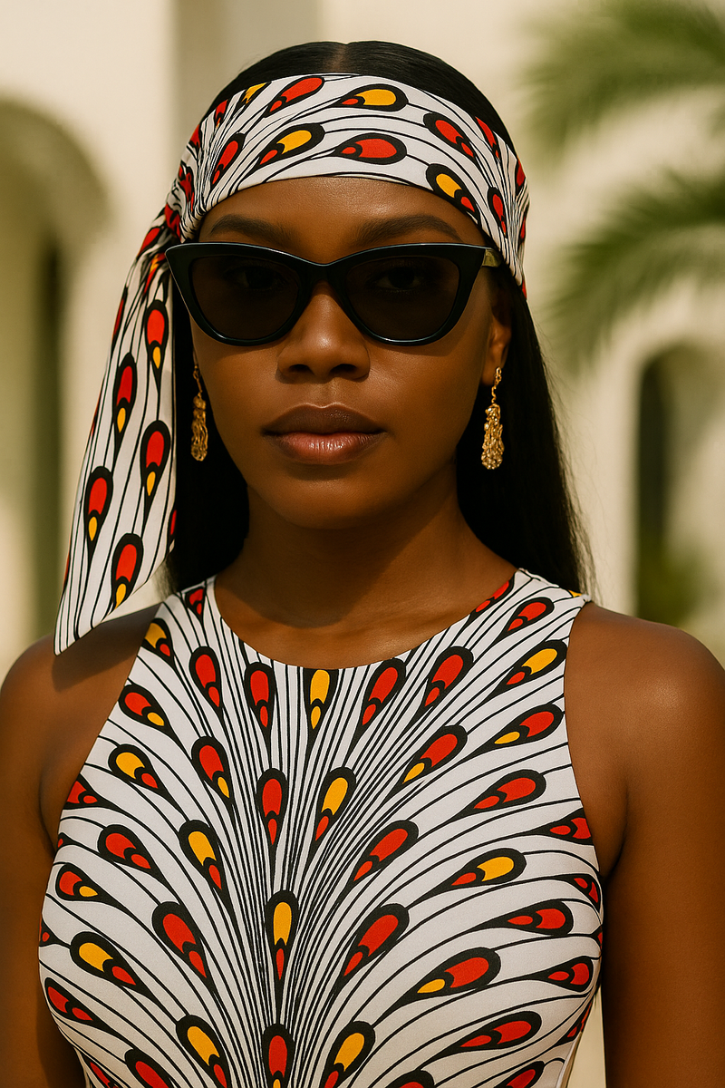 Woman wearing an African print headtie and sunglasses in a resort