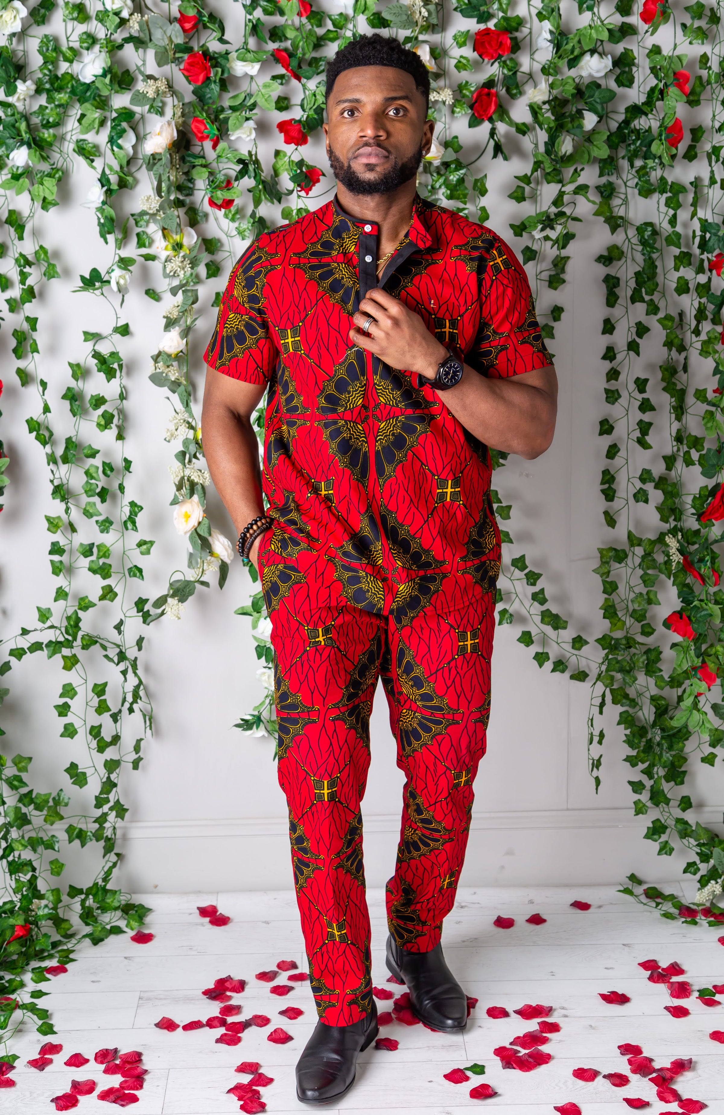 African Print Polo Shirt for Men | Grandad Collar Ankara Shirt - CHARLES