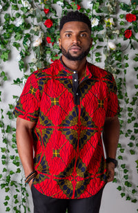African Print Polo Shirt for Men | Grandad Collar Ankara Shirt - CHARLES