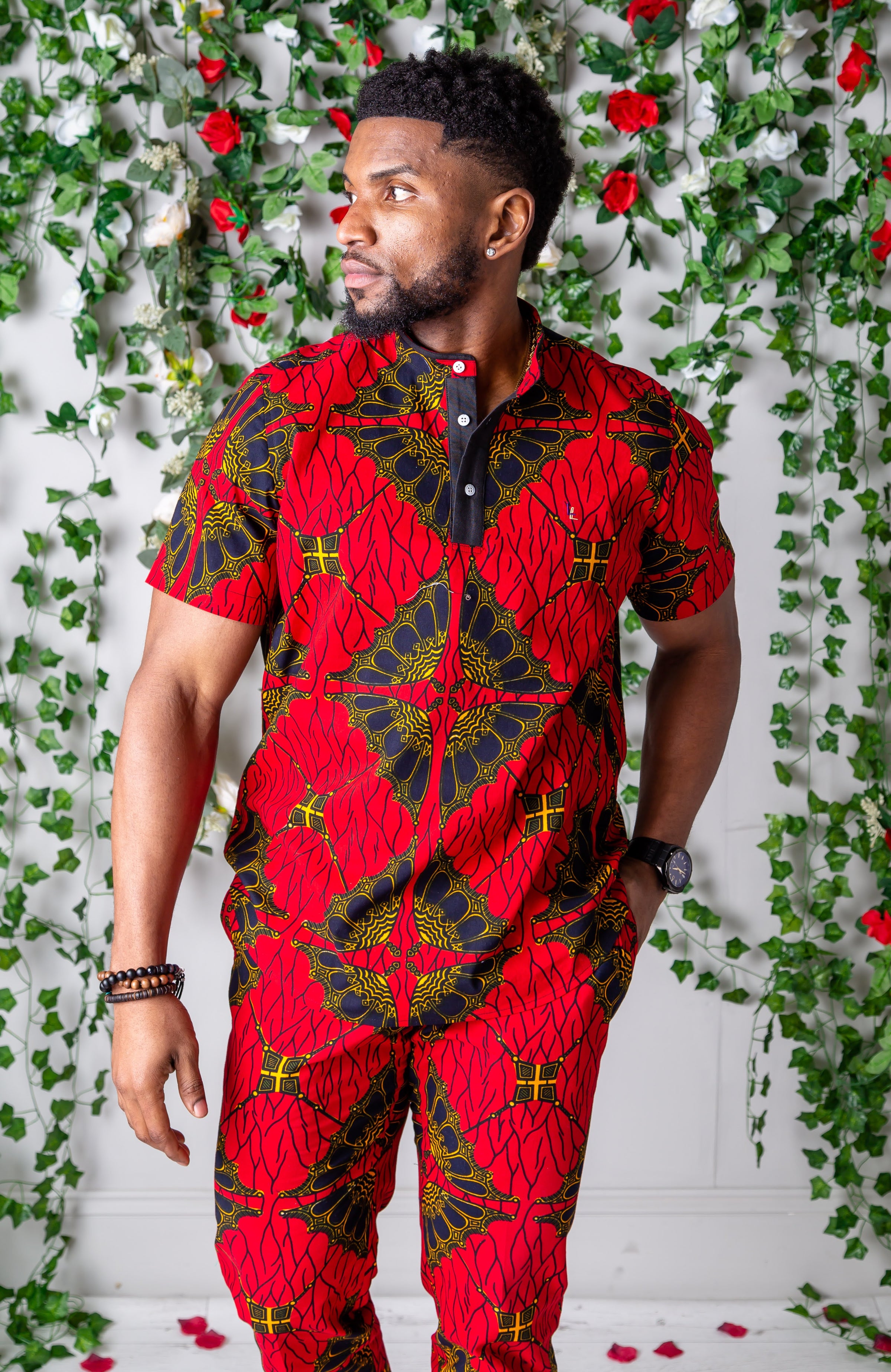 African Print Polo Shirt for Men | Grandad Collar Ankara Shirt - CHARLES