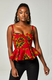 Ankara African Print Sleeveless Corset Peplum Red Blouse - Cordelia