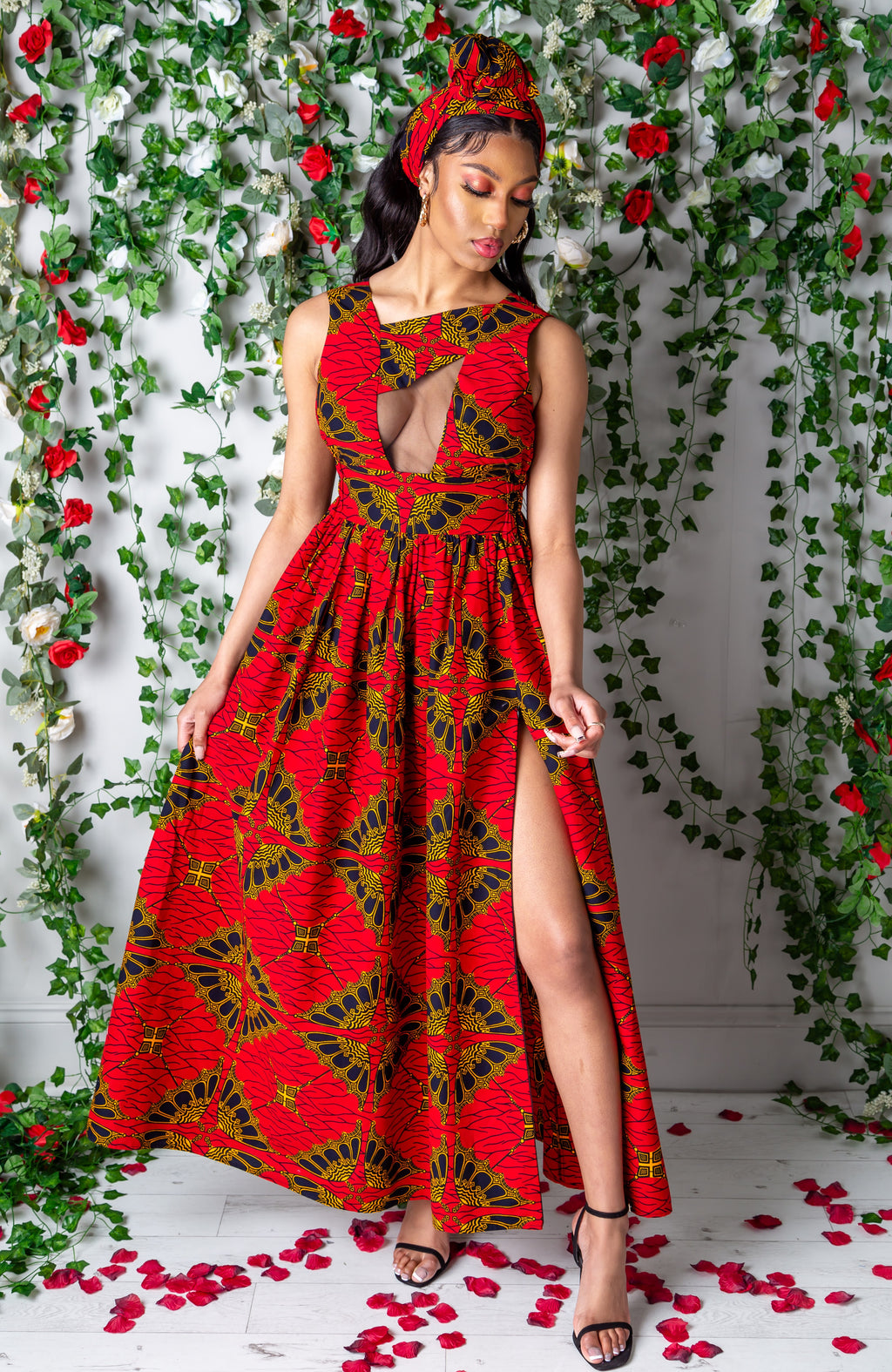 chinese dress ladies Front Mesh Panel African Print Sleeveless Maxi Dress