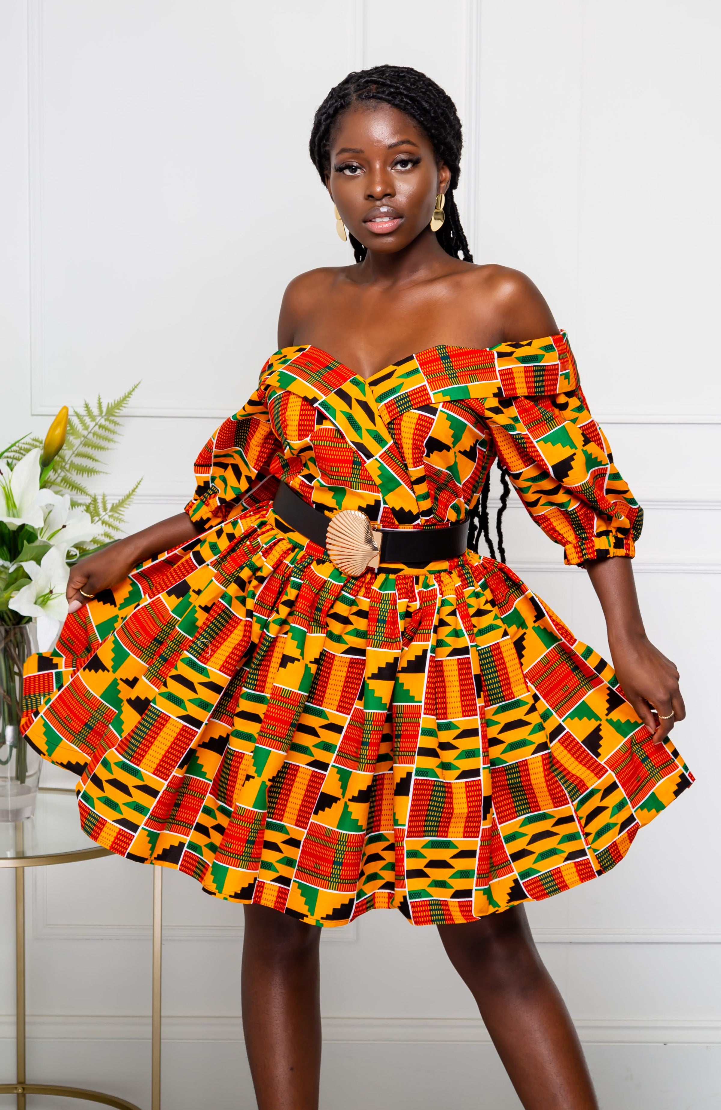Off Shoulder Surplice Midi Dress with Balloon Sleeves - KENYA