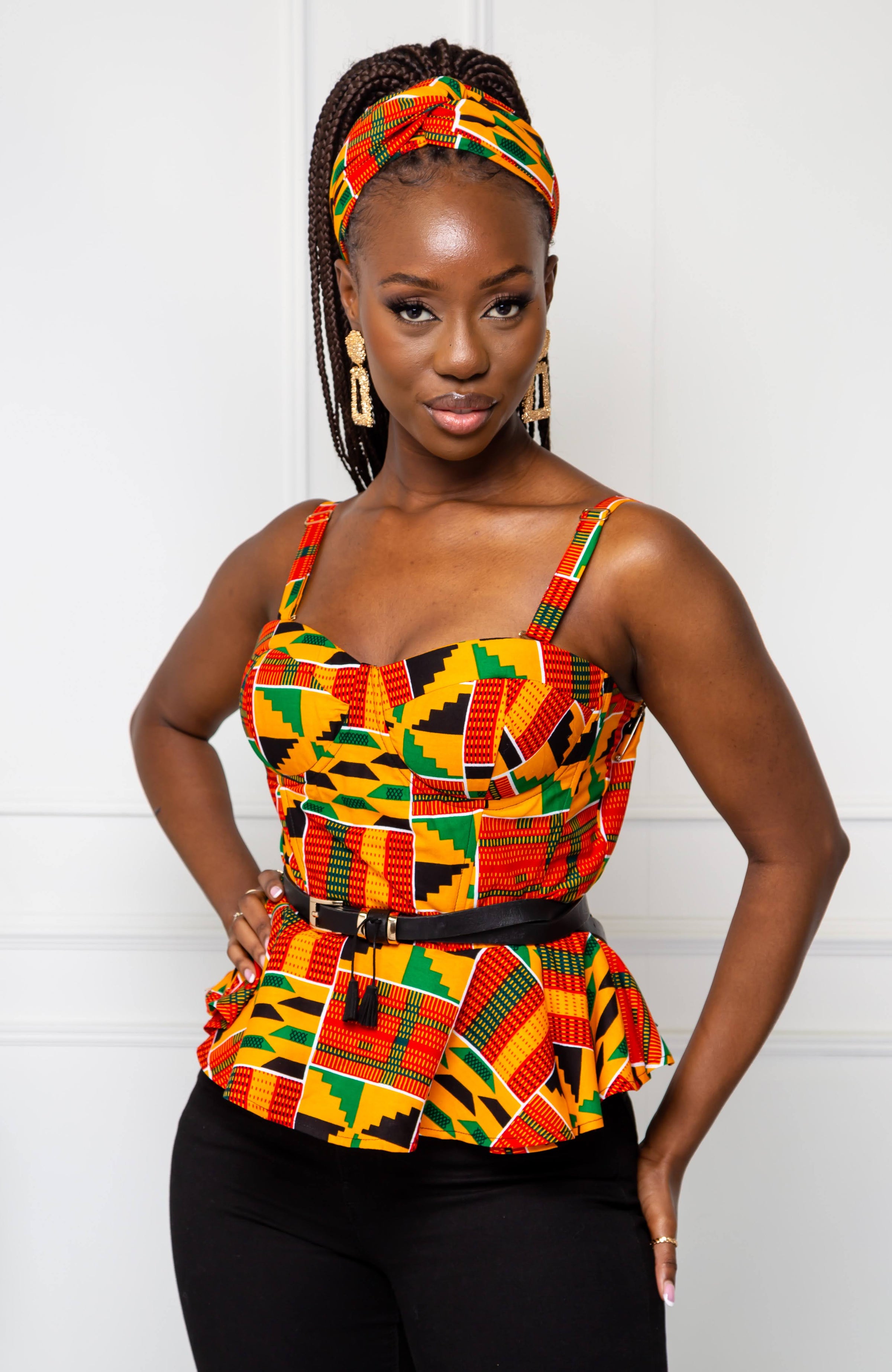 Kente Corset Peplum Orange Blouse |  African Print Sleeveless - KENYA