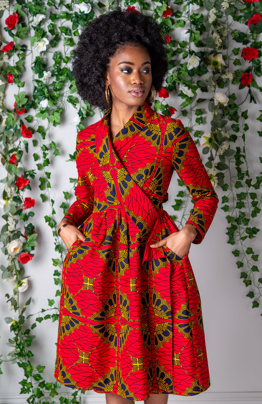 Red African Wax Shawl Collar Fit and Flare Wrap Dress - CORDELIA LAVIYE Red African Wax Shawl Collar Fit and Flare Wrap Dress - CORDELIA LAVIYE