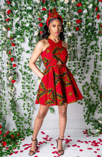 Red Ankara Cross Front Mini Length Dress - CORDELIA