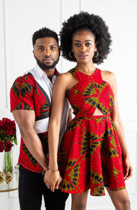 Red Ankara Cross Front Mini Length Dress - CORDELIA