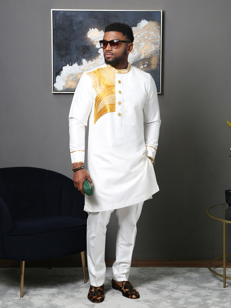 White Embroidered Men's Two-Piece Outfit | Traditional African Men's Wear