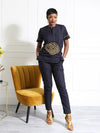 Navy Blue Embroidered Women's Two-Piece Set | Elegant African Attire