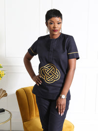 Navy Blue Embroidered Women's Two-Piece Set | Elegant African Attire