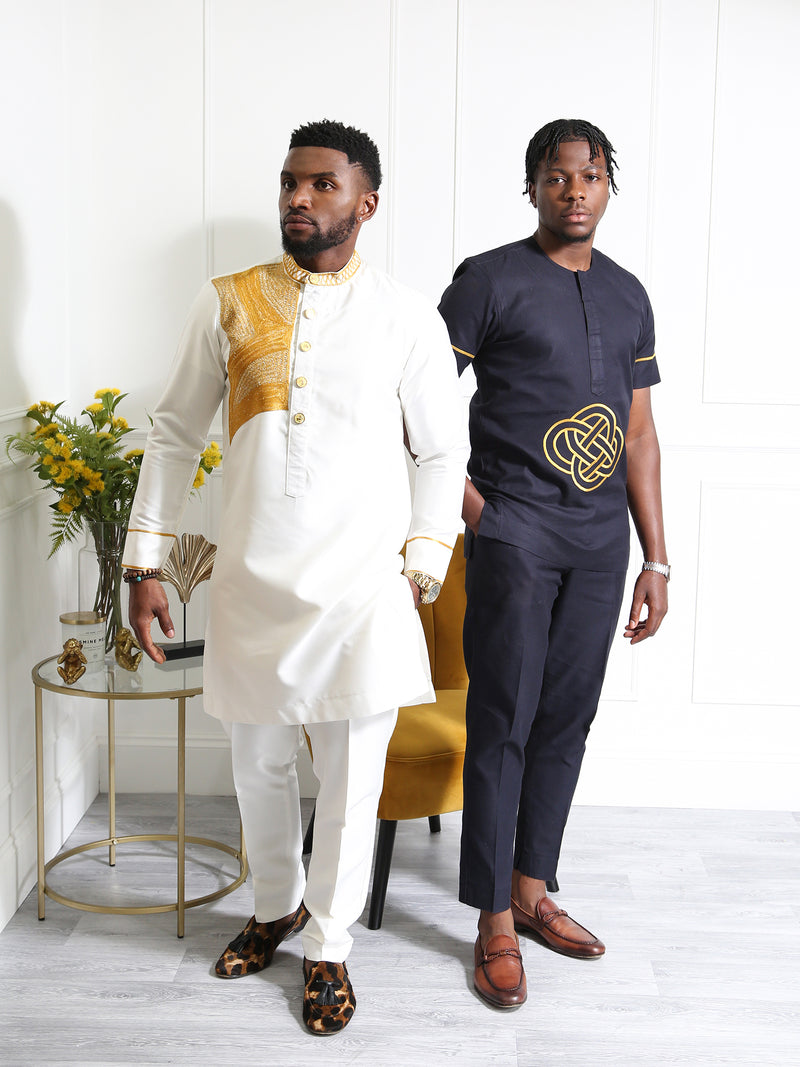 Navy Blue Embroidered Men's Two-Piece Set | African Traditional Attire