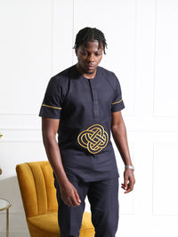 Navy Blue Embroidered Men's Two-Piece Set | African Traditional Attire