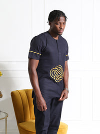 Navy Blue Embroidered Men's Two-Piece Set | African Traditional Attire