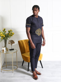 Navy Blue Embroidered Men's Two-Piece Set | African Traditional Attire