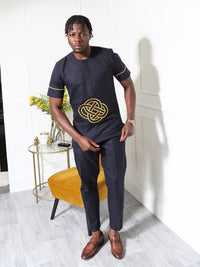 Navy Blue Embroidered Men's Two-Piece Set | African Traditional Attire