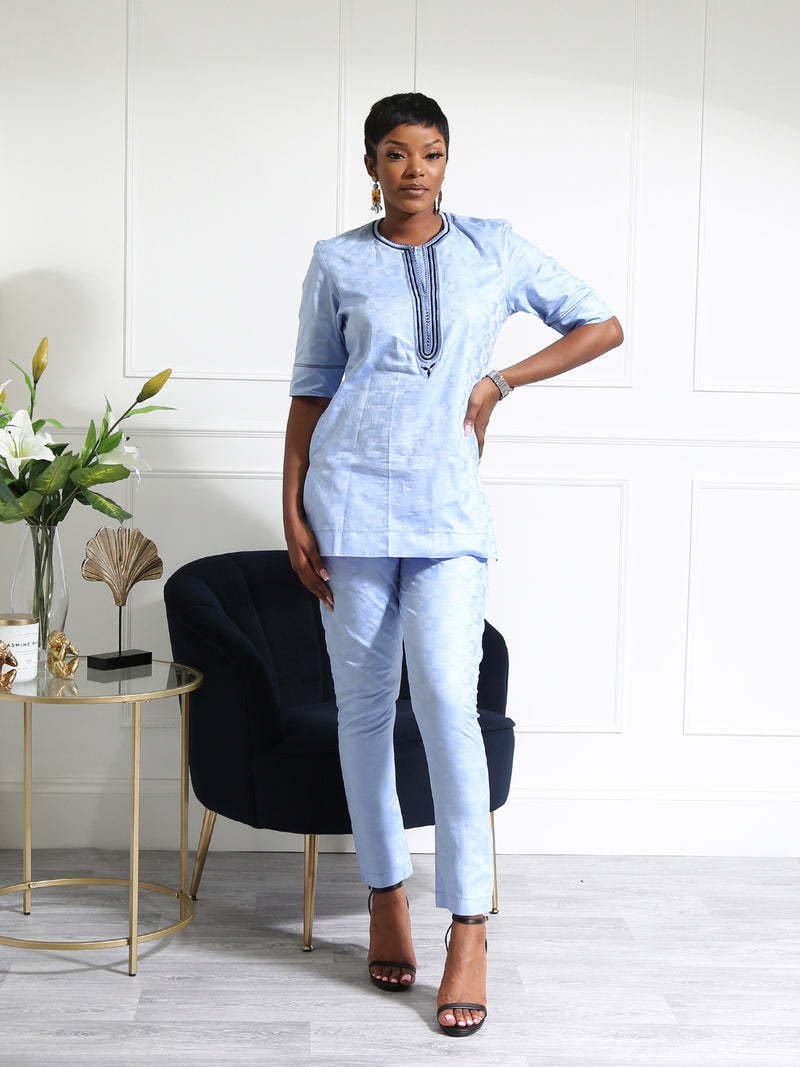 Sky Blue Women's Two-Piece African Outfit – Elegant Embroidered Tunic and Trouser Set