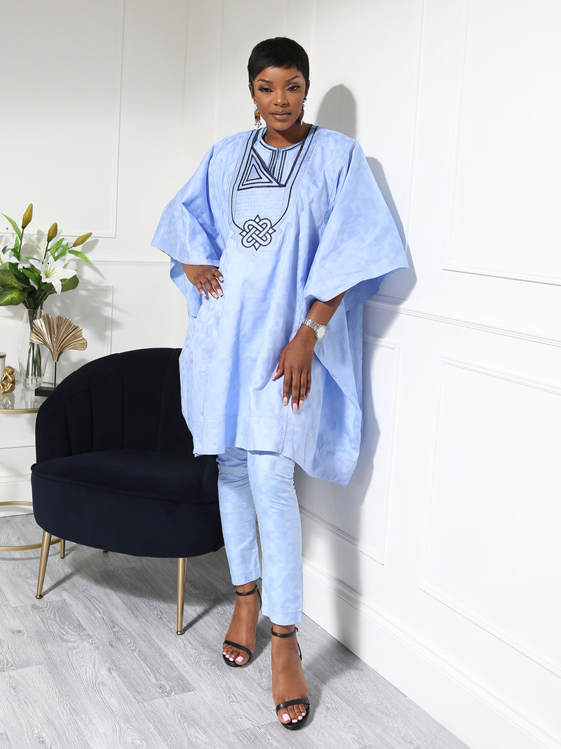 Sky Blue Women's Two-Piece African Outfit – Elegant Embroidered Tunic and Trouser Set