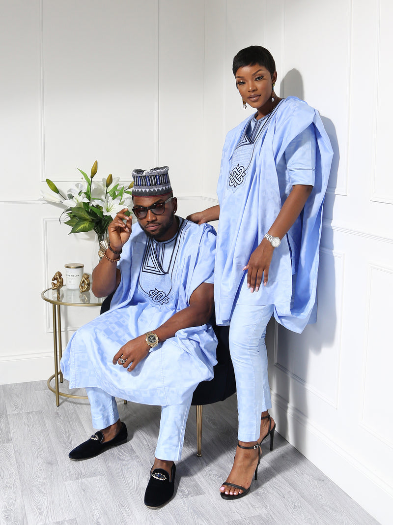 Sky Blue Men's Agbada Set with Embroidery | Elegant African Formal Wear