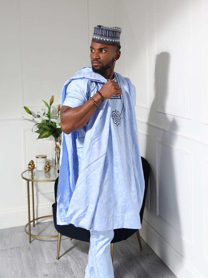 Sky Blue Men's Agbada Set with Embroidery | Elegant African Formal Wear