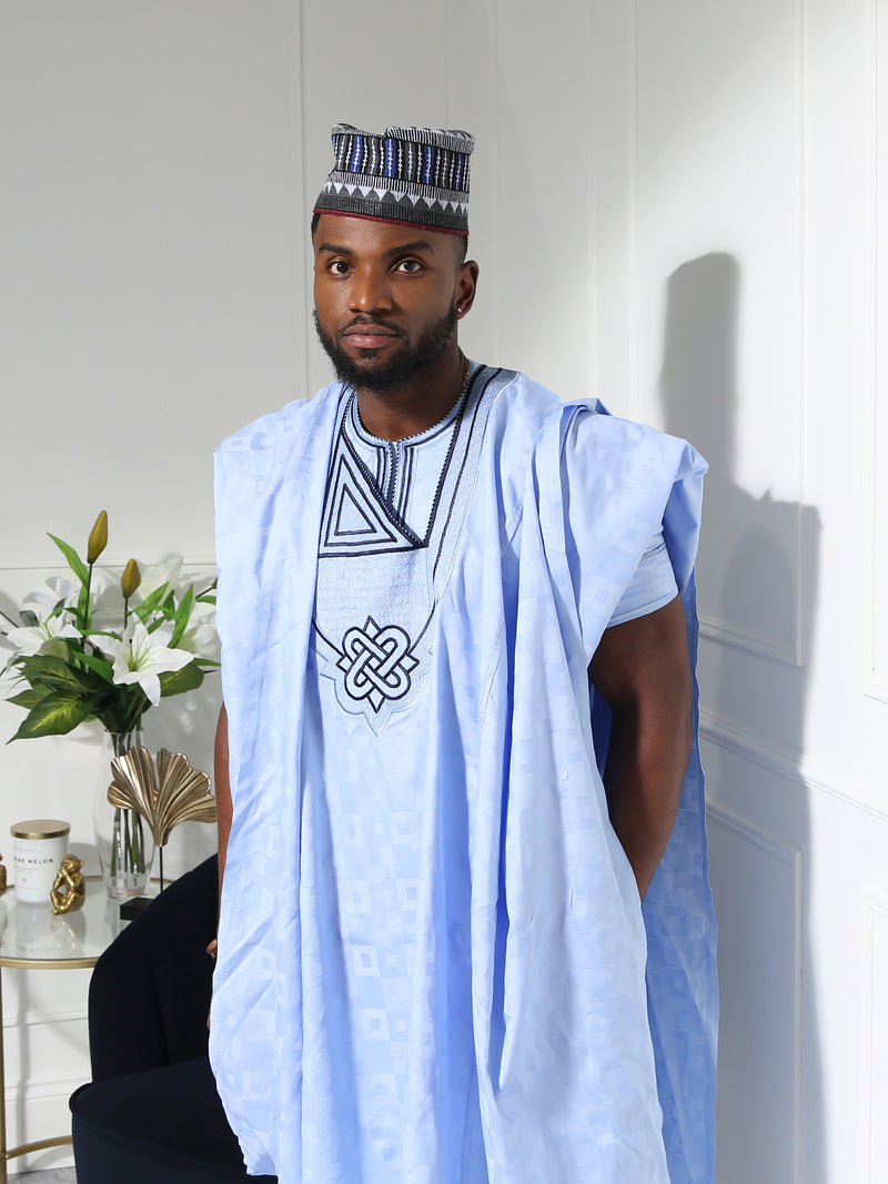 Sky Blue Men's Agbada Set with Embroidery | Elegant African Formal Wear