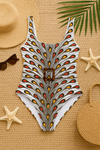 African Print Swimwear White Swimsuit with Back Lace-Up & Belt – UYO
