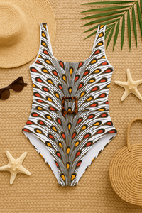 African Print Swimwear White Swimsuit with Back Lace-Up & Belt – UYO