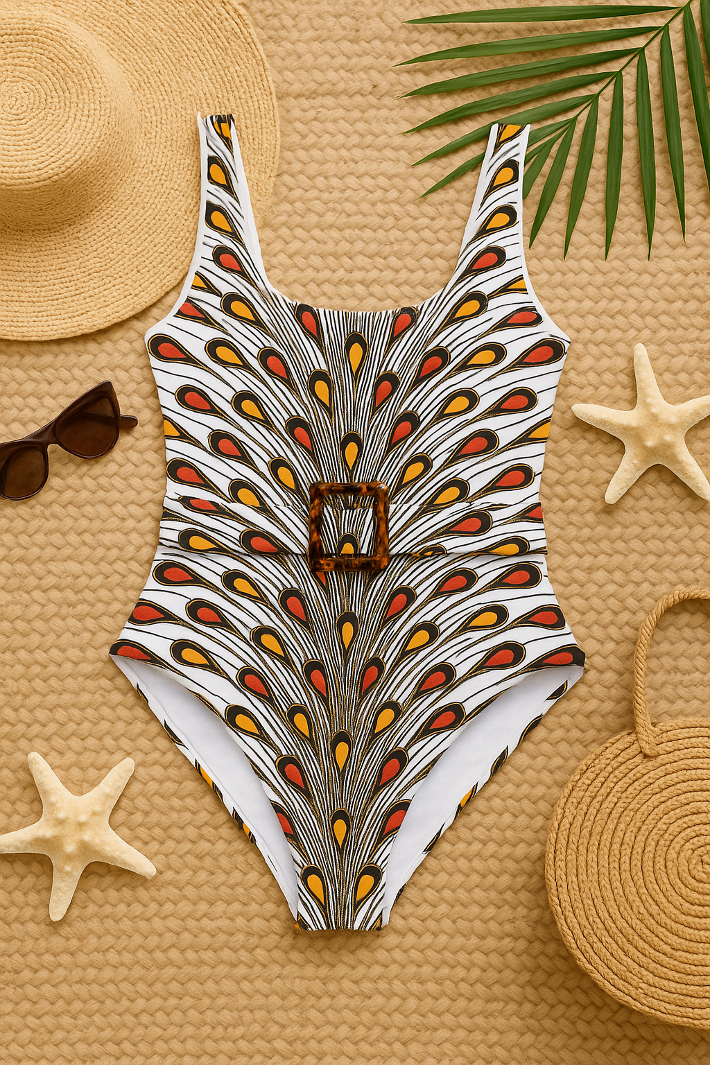African Print Swimwear White Swimsuit with Back Lace-Up & Belt – UYO