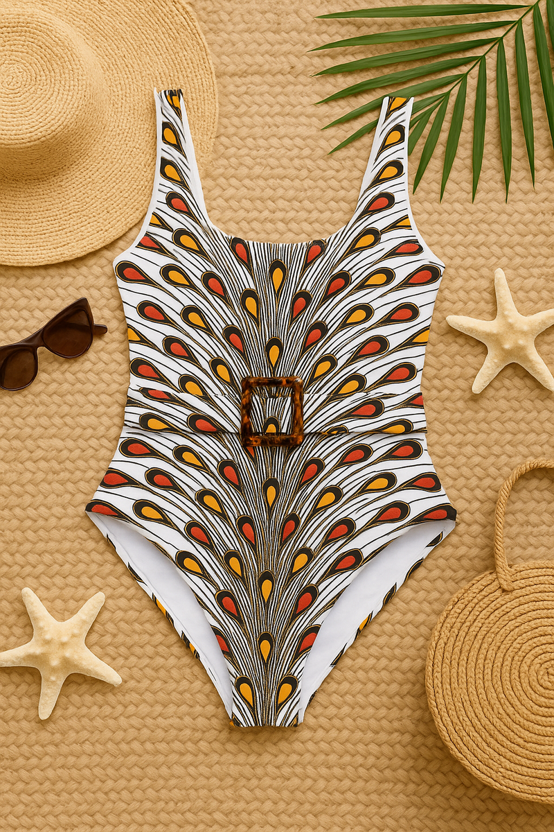 African Print Swimwear White Swimsuit with Back Lace-Up & Belt – UYO