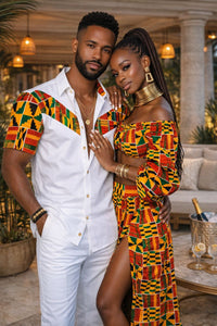 Couples Kente Maxi Skirt, Crop Top & Men's Shirt Set Bundle