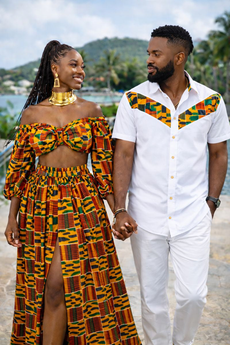 Couples Kente Maxi Skirt, Crop Top & Men's Shirt Set Bundle