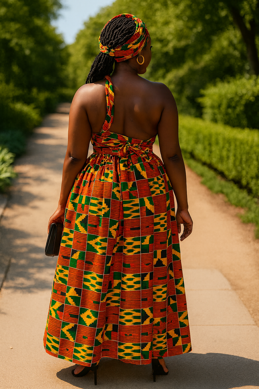 Woman in an African print colorful patterned dress walking on a path with greenery around.