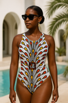 African Print Swimwear White Swimsuit with Back Lace-Up & Belt – UYO