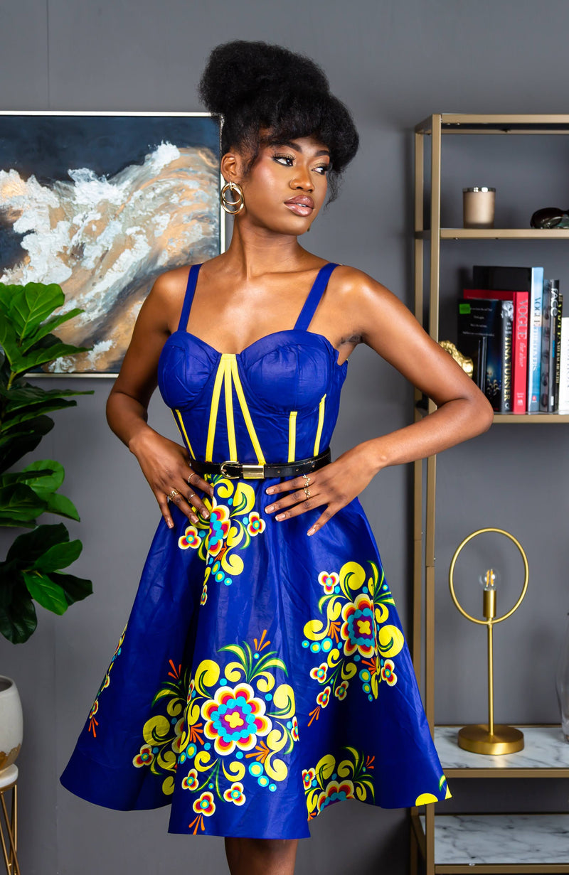 Blue African Print Corset Midi Dress Ankara Midi Dresses, Blue and