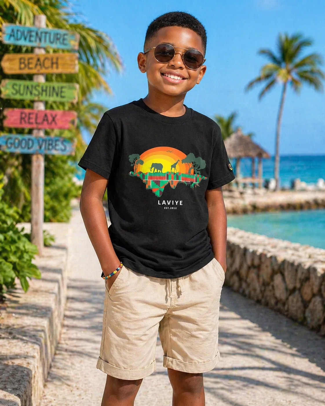 Boys Black African Safari Graphic Unisex T-shirt for Kids | ACCRA