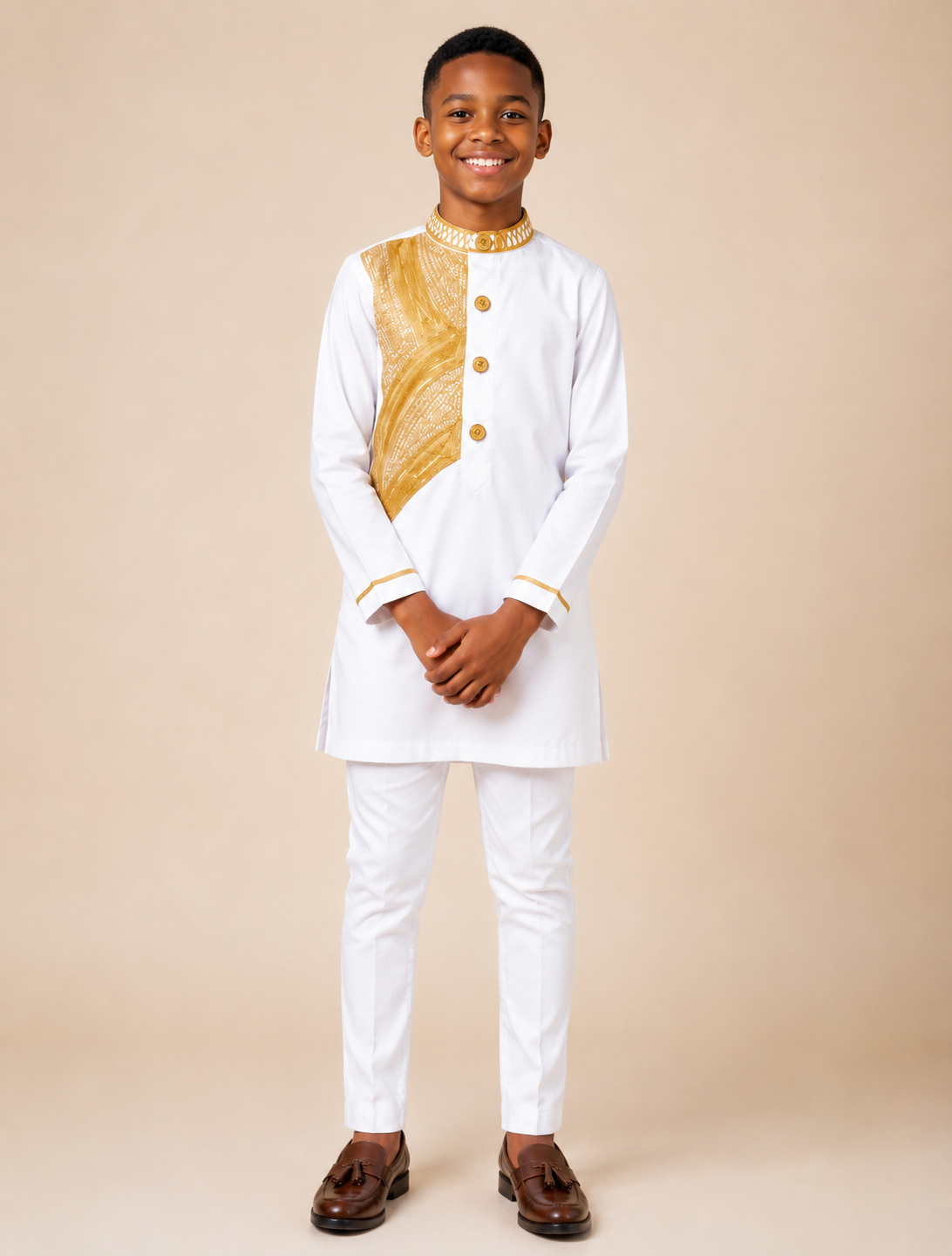 Boys White African Kaftan Set with Pants | Embroidered Wedding Outfit for Boys