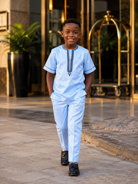 Sky Blue Boys Two piece with Embroidered Tunic and Pants | Kids Traditional Two Piece Set | Thanksgiving Occasion Wear | Church, Wedding set