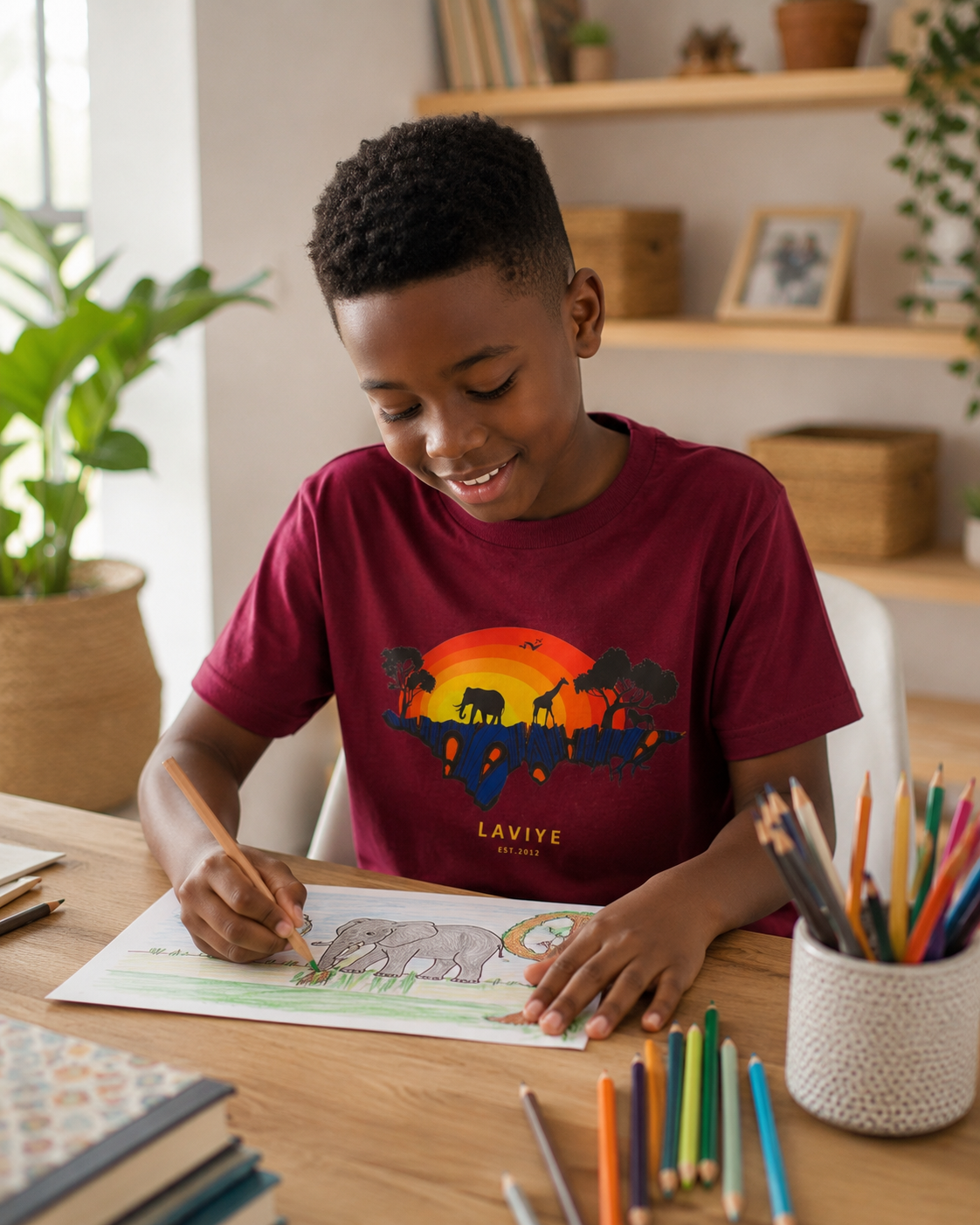 Little Boys Maroon African Safari Graphic Kids Unisex T-shirt | ENUGU