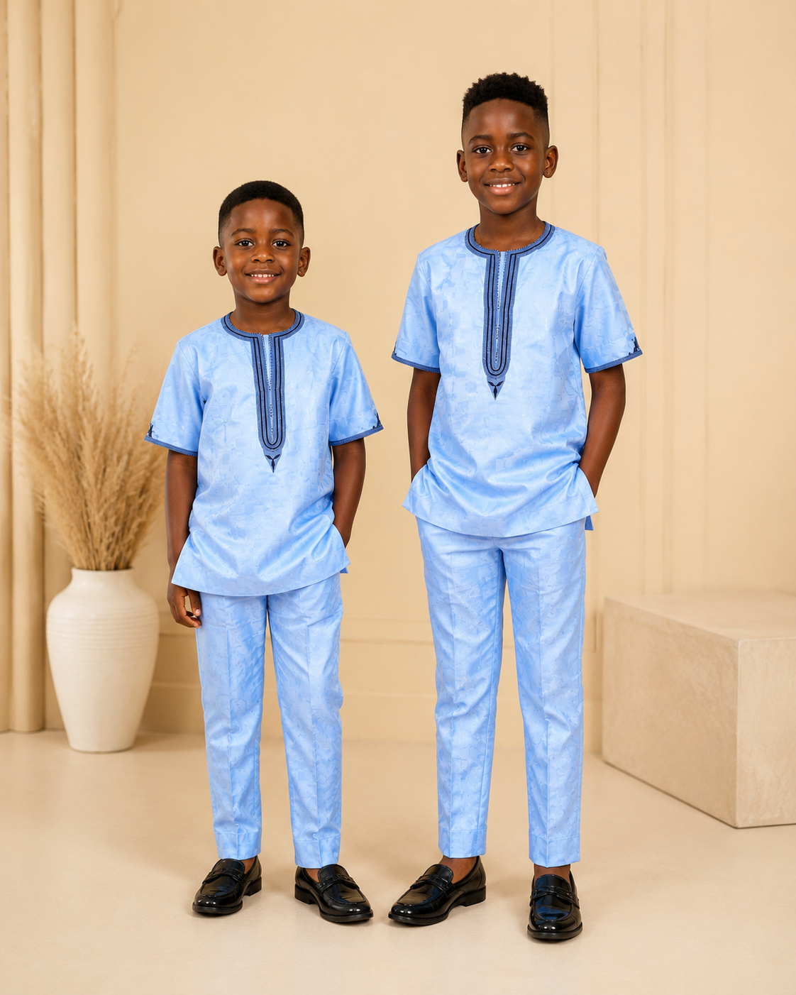 Sky Blue Boys Two piece with Embroidered Tunic and Pants | Kids Traditional Two Piece Set | Thanksgiving Occasion Wear | Church, Wedding set