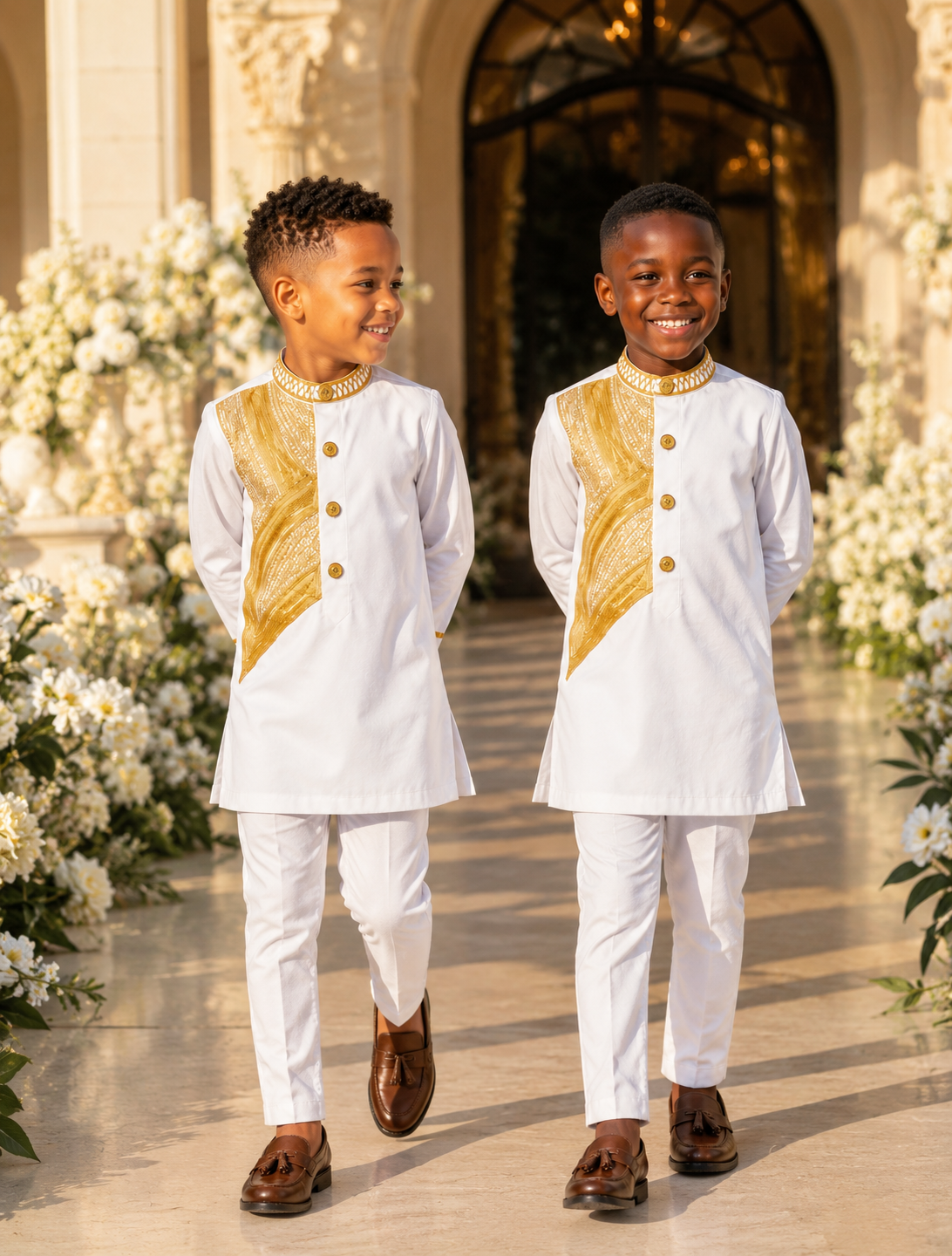 Boys White African Kaftan Set with Pants | Embroidered Wedding Outfit for Boys