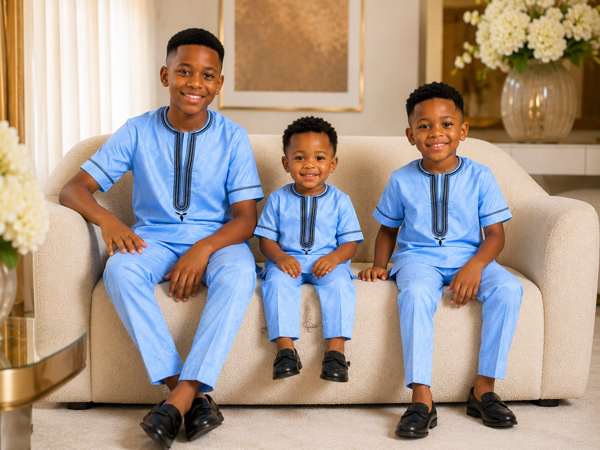 Sky Blue Boys Two piece with Embroidered Tunic and Pants | Kids Traditional Two Piece Set | Thanksgiving Occasion Wear | Church, Wedding set