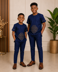 Page Boys Navy Blue Embroidered Two Piece Outfit, Ring Bearer Outfit, Thanksgiving Tunic, Traditional African Outfit for Boys, Church Wear