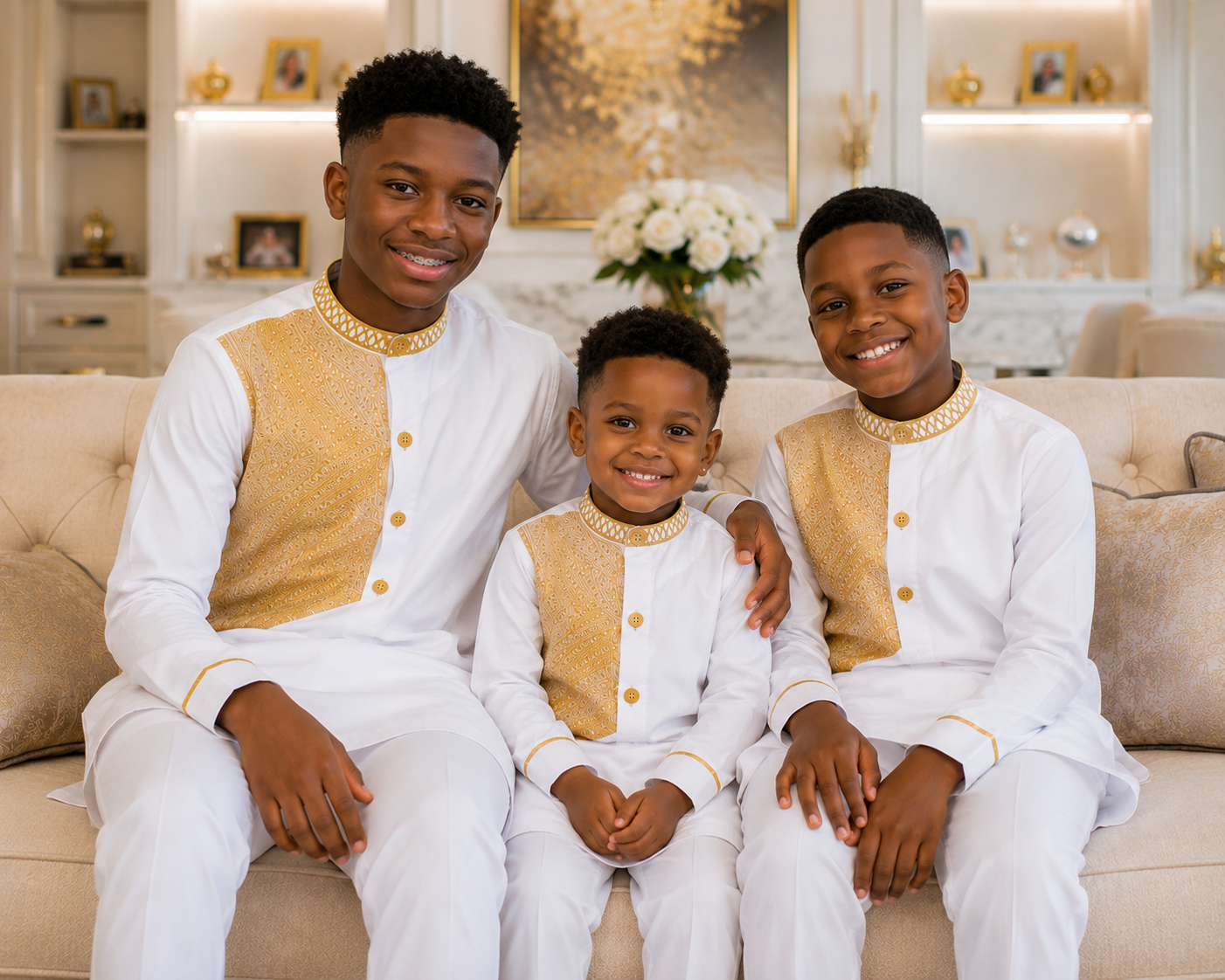 Boys White African Kaftan Set with Pants | Embroidered Wedding Outfit for Boys