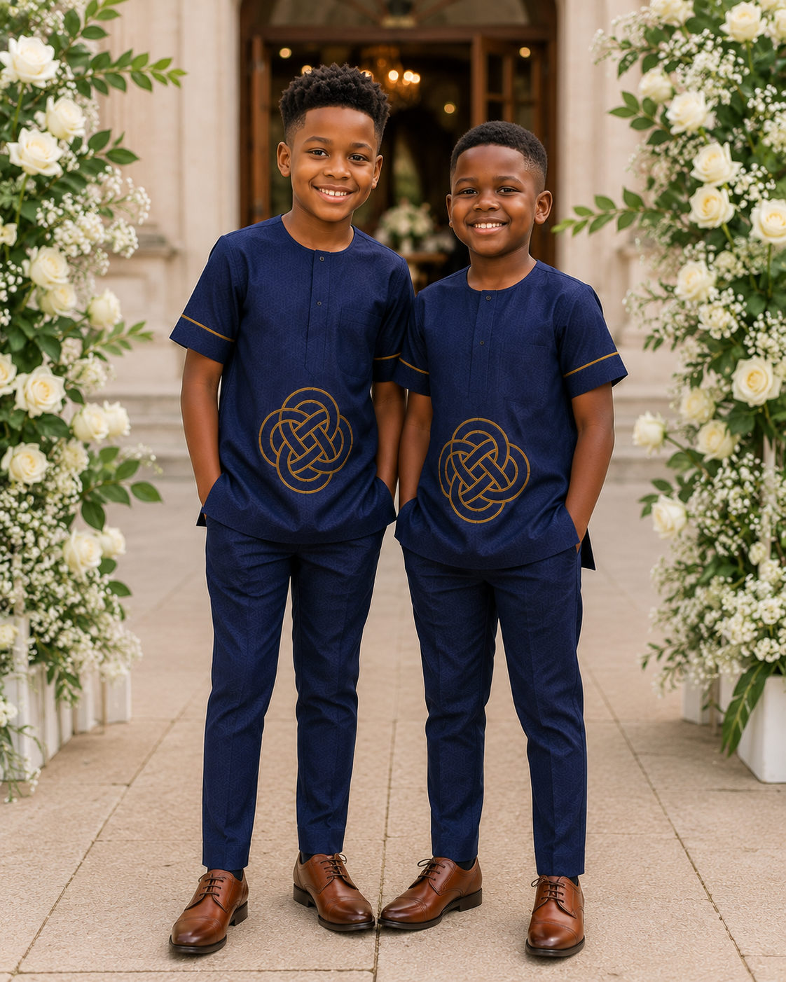 Page Boys Navy Blue Embroidered Two Piece Outfit, Ring Bearer Outfit, Thanksgiving Tunic, Traditional African Outfit for Boys, Church Wear