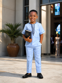 Sky Blue Boys Two piece with Embroidered Tunic and Pants | Kids Traditional Two Piece Set | Thanksgiving Occasion Wear | Church, Wedding set