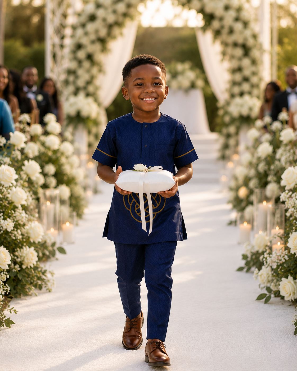 Page Boys Navy Blue Embroidered Two Piece Outfit, Ring Bearer Outfit, Thanksgiving Tunic, Traditional African Outfit for Boys, Church Wear