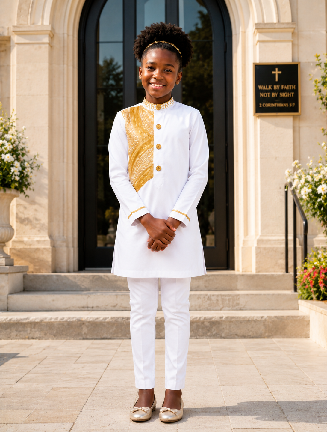 Girls White African Kaftan Set with Pants | Traditional African Wear for Girls