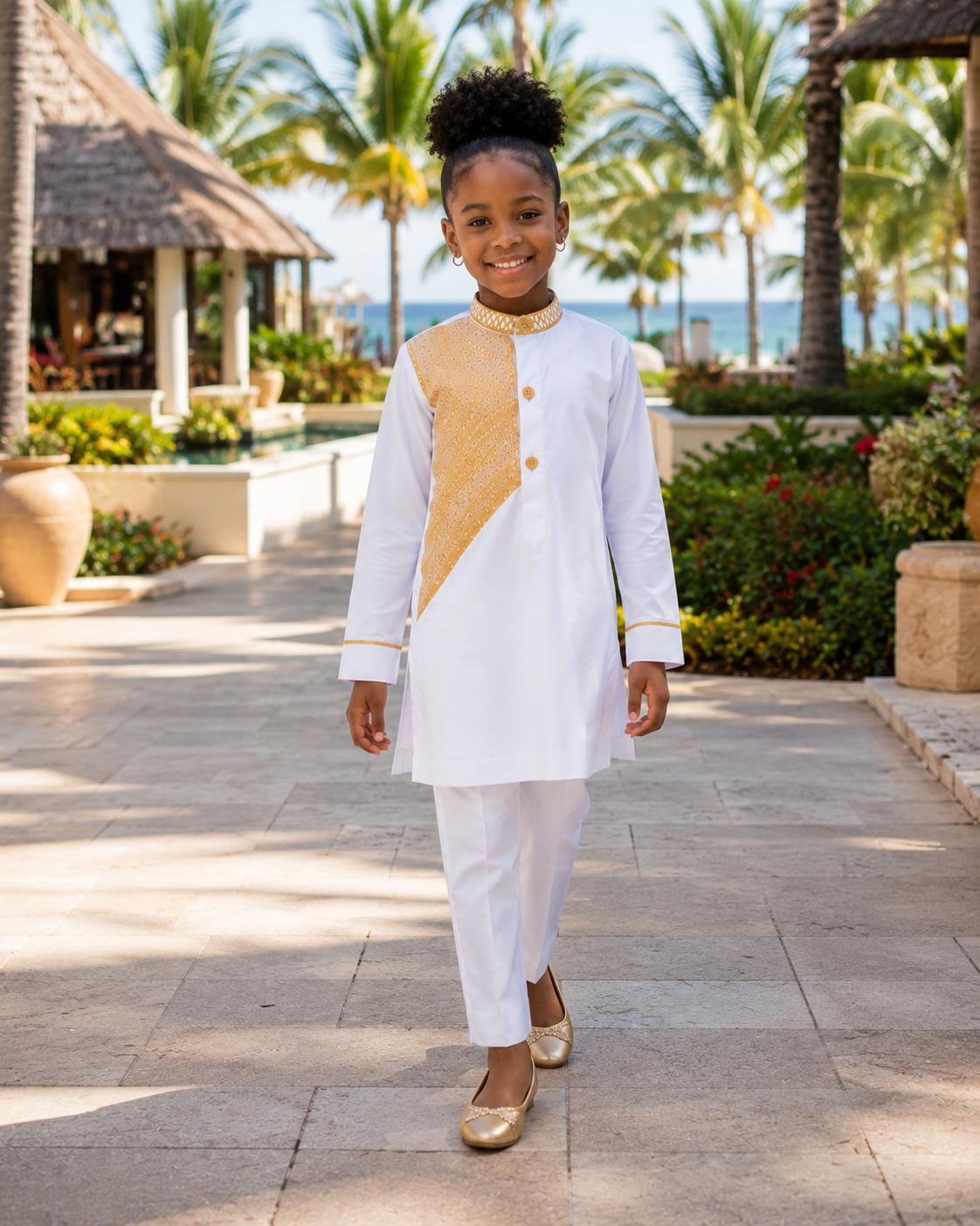 Girls White African Kaftan Set with Pants | Traditional African Wear for Girls